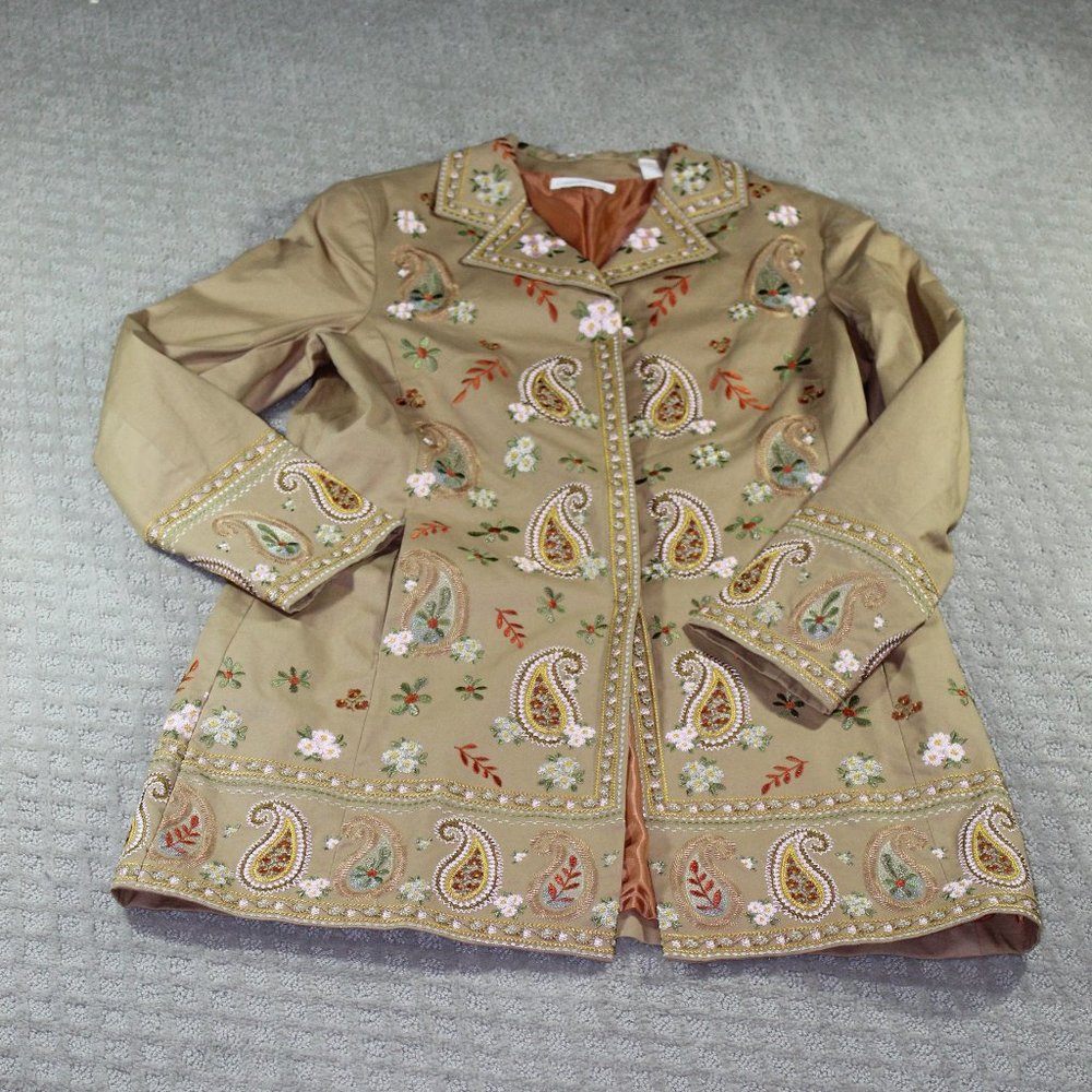 COLDWATER CREEK boho paisley floral embroidered tan coat jacket, size 12